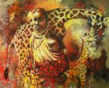 Gemälden: Afrika, Masai Mutter und Giraffe mit ihrem Nachwuchs, Öl auf Leinwand, 100 x 130 cm