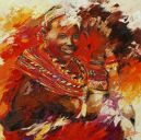 Schilderijen: Afrika, Zittende Masai-vrouw, olieverf op linnen, 100x100 cm, € 2950,-