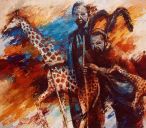 Paintings: Africa, Circumcised  Masai-boys with giraffes, oil on canvas, 150 x 170 cm