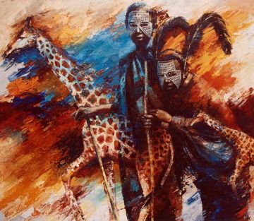 Circumcised Masai-boys with giraffes, oil on canvas, 150 x 170 cm Paintings: Africa, Circumcised Masai-boys with giraffes, oil on canvas, 150 x 170 cm