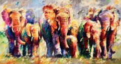 Schilderijen: Afrika, Big herd of elephants, olieverf op linnen, 3-luik samen 180x330 cm