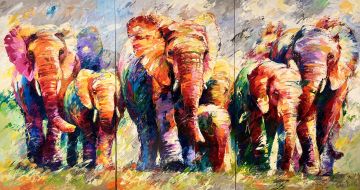 Big herd of elephants, oil on canvas, together 180x330 cm Paintings: Africa, Big herd of elephants, oil on canvas, together 180x330 cm