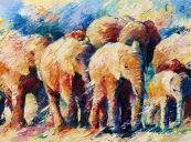 Schilderijen: Afrika, Big herd of walking elephants, 90x120 cm, €3600,-