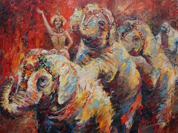 Circus elephants, 90x120 cm, oil on canvas, € 3000,- Paintings: Africa, Circus elephants, 90x120 cm, oil on canvas, € 3000,-