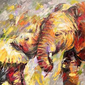 Cuddling with mom, oil on canvas, 100x100 cm Paintings: Africa, Cuddling with mom, oil on canvas, 100x100 cm