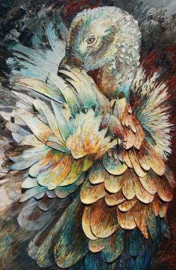 The sprig of the vulture, oil paint on pieces of linen on linen, 170x110 cm Paintings: Africa, The sprig of the vulture, oil paint on pieces of linen on linen, 170x110 cm