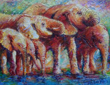 Drinking Elephants in the blistering sun, oil on canvas, 70x90 cm, Paintings: Africa, Drinking Elephants in the blistering sun, oil on canvas, 70x90 cm,