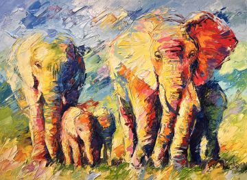 Elephant family in Chobe, 90x120 cm, oil on canvas, € 3400,- Paintings: Africa, Elephant family in Chobe, 90x120 cm, oil on canvas, € 3400,-