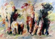 Schilderijen: Afrika, Elephant family with twins, 110x150 cm, € 4550,-