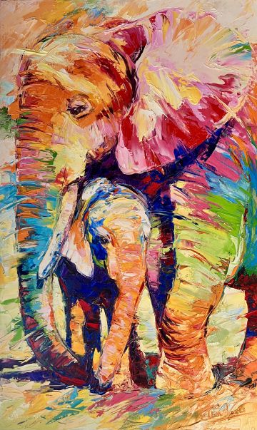 Elephantmother and her baby in Chobe, 150x90 cm, oil on canvas, € 3900,- Paintings: Africa, Elephantmother and her baby in Chobe, 150x90 cm, oil on canvas, € 3900,-