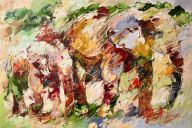 Schilderijen: Afrika, Elephant with child, walking, olieverf op linnen, 80x120 cm, € 2900,-
