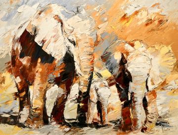 Elephant with her children in Chobe, 100x130 cm, oil on canvas, € 3850,- Paintings: Africa, Elephant with her children in Chobe, 100x130 cm, oil on canvas, € 3850,-