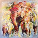 Schilderijen: Afrika, Elephantmother with twins, 130x130 cm, olieverf op linnen, € 4000,-