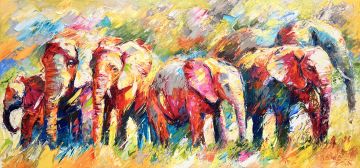 Elephants in a semicircle, 80x170 cm, oil on canvas, € 3900,- Paintings: Africa, Elephants in a semicircle, 80x170 cm, oil on canvas, € 3900,-