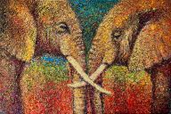 Schilderijen: Afrika, Intiem moment tussen olifanten, olieverf met houtsnippers, 100x150x10 cm, € 4300,-