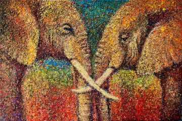 Intimate moment between elephants, mixed technique, 100x150x10 cm Paintings: Africa, Intimate moment between elephants, mixed technique, 100x150x10 cm