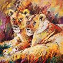 Schilderijen: Afrika, Jonge leeuwen in het gras, olieverf op linnen, 70x70 cm, € 1700,-