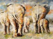 Schilderijen: Afrika, Jumbo's family walking away, 2-luik, elk 180x120 cm, olieverf op linnen