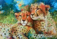 Schilderijen: Afrika, Lazy cheetah couple on a sunny day, olieverf op linnen, 90x130 c, € 3350,-m