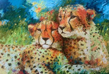 Lazy cheetah couple on a sunny day, oil on canvas, , 90x130 cm Paintings: Africa, Lazy cheetah couple on a sunny day, oil on canvas, , 90x130 cm