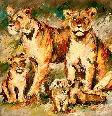 Lionesses with cubs, 120x120 cm, oil on canvas, €4000,- Paintings: Africa, Lionesses with cubs, 120x120 cm, oil on canvas, €4000,-
