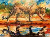 Schilderijen: Afrika, Luipaard bij het water, olieverf op linnen, 90x120 cm, € 3150,-