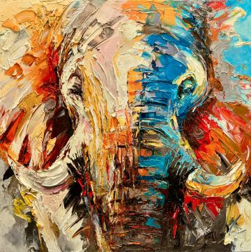Portret of a male elephant, 80x80 cm, oil on canvas, € 2200,- Paintings: Africa, Portret of a male elephant, 80x80 cm, oil on canvas, € 2200,-