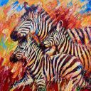 Schilderijen: Afrika, Running zebra family, olieverf op linnen, 130 x 130 cm, € 4000,-