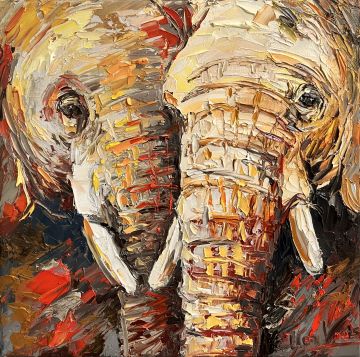 Selfie of two elephants, oil on canvas, 40x40 cm framed, € 850,- Paintings: Africa, Selfie of two elephants, oil on canvas, 40x40 cm framed, € 850,-