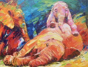 Playing young elephants, oil on canvas, 70x90 cm Paintings: Africa, Playing young elephants, oil on canvas, 70x90 cm