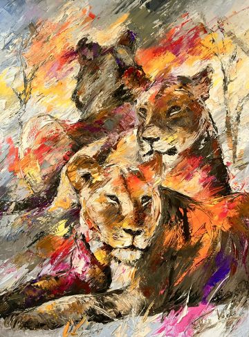 Three lions, 120x90 cm, oil on canvas, € 3400,- Paintings: Africa, Three lions, 120x90 cm, oil on canvas, € 3400,-