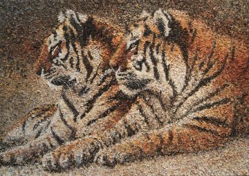 Tigers, mixed technique (wood, stone and paint) on canvas, 100 x 140 x 10 cm Paintings: Africa, Tigers, mixed technique (wood, stone and paint) on canvas, 100 x 140 x 10 cm