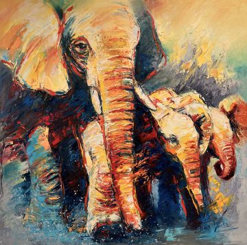 Walking elephant with two young ones, oil on canvas, 100x100 cm Paintings: Africa, Walking elephant with two young ones, oil on canvas, 100x100 cm
