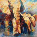 Paintings: Africa, Walking elephant with two young ones, oil on canvas, 100x100 cm