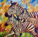 Schilderijen: Afrika, Running zebra family, olieverf op linnen, 130 x 130 cm, € 4400,-