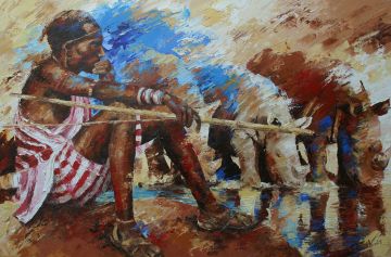 Sitting Samburu-warrior with rhinos, 120x180 cm, oil on canvas Paintings: Africa, Sitting Samburu-warrior with rhinos, 120x180 cm, oil on canvas