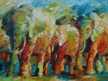 Afrikaanse olifanten in hun groene omgeving Schilderijen: Art-Prints, Afrikaanse olifanten in hun groene omgeving