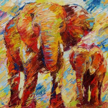 Olifantenjong met waakzame moeder, altprint op aluminium, luxe uitvoering met 10mm dik plexiglas en ophangrail, 30x30 cm, € 400,- Schilderijen: Art-Prints, Olifantenjong met waakzame moeder, altprint op aluminium, luxe uitvoering met 10mm dik plexiglas en ophangrail, 30x30 cm, € 400,-