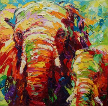 Olifantenmoeder met jong Schilderijen: Art-Prints, Olifantenmoeder met jong