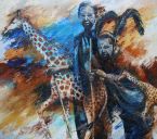 Schilderijen: Huren, Besneden Masaï-jongens met giraffen, olieverf op linnen, 150x170 cm