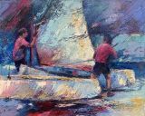 Paintings: Rental, Preparing the catamaran, oil on canvas, 80x100 cm € 1225,-, -