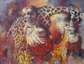 Schilderijen: Huren, Masaï-moeder en giraffe met hun kroost, olieverf op linnen, 100x130 cm