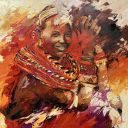 Schilderijen: Huren, Zittende Masaï-vrouw, olieverf op linnen, 100x100 cm
