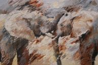 Schilderijen: Verkocht werk, Handje-drukkende olifanten, 80x120 cm (verkocht)