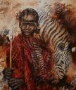 Schilderijen: Verkocht werk, Masaï-jongen met zebra, 140x120 cm (verkocht)