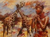 Schilderijen: Verkocht werk, Masaï-meisje met giraffen, 90x120 cm (verkocht)