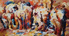 Schilderijen: Verkocht werk, Elephants walking in colours, olieverf op linnen, 80 x 150 cm