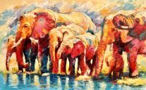 Paintings: Sold work, Drinking elephants in Midakwe, oil on canvas, 100x160 cm