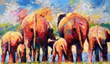 Gemälden: Verkauft, Elephants at the waterhole, Öl auf Leinen, 90x150 cm