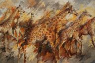 Paintings: Sold work, Large group of giraffes, oil on vanvas, 100x150 cm